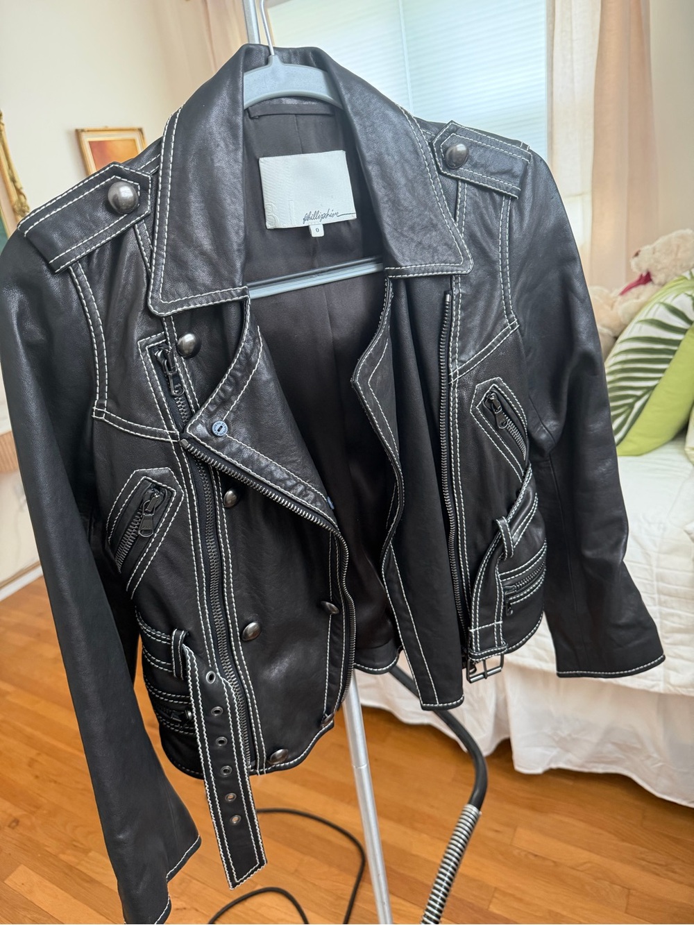 Phillip Lim Black Leather Moto Jacket with White Contrast Stitching